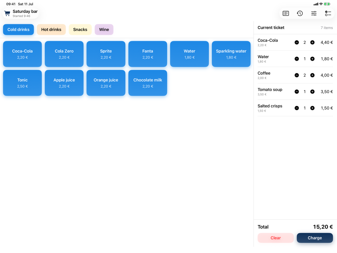 iPad register with category chips, product grid and the current ticket