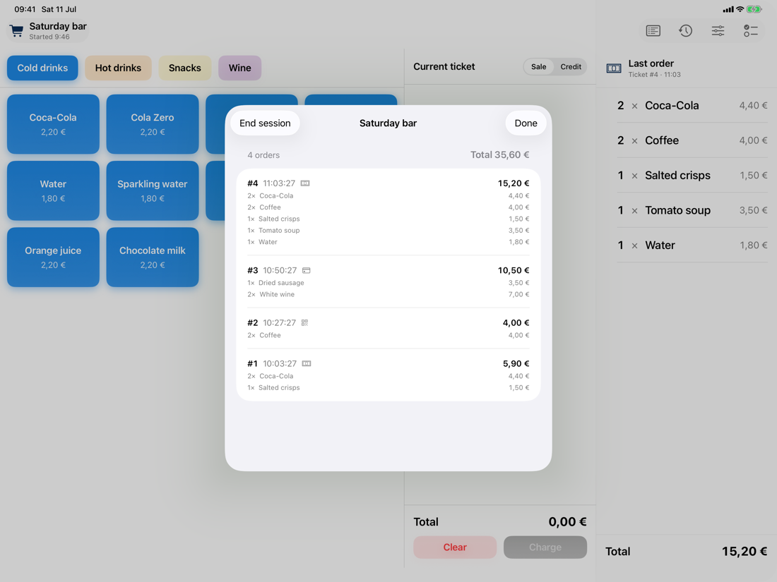 Session sales list with numbered orders and payment method icons