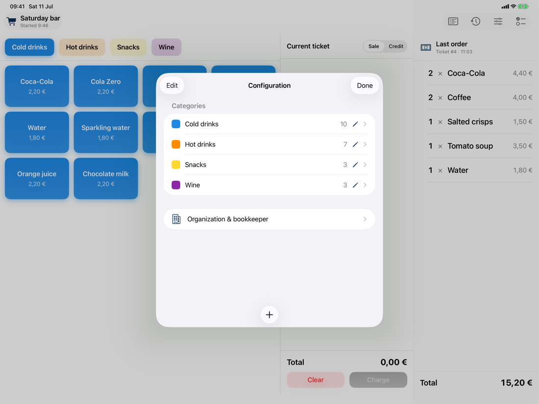 Configuration screen listing categories with colours and product counts