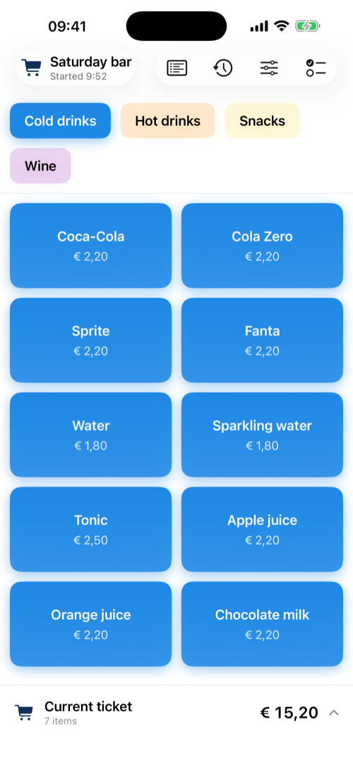 iPhone register with product grid and ticket bar
