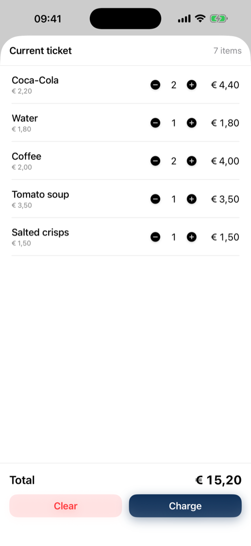 iPhone cart with quantity steppers and totals