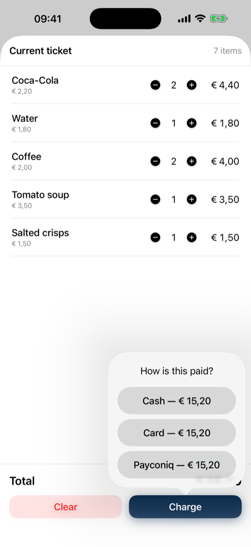 Payment dialog with cash, card and Payconiq options showing the amount due