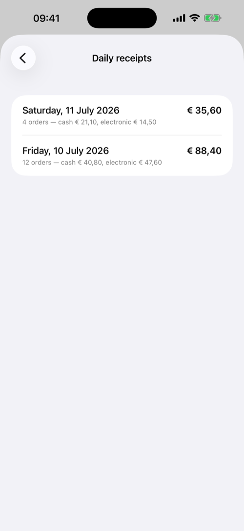 Daily receipts overview with cash and electronic totals per day